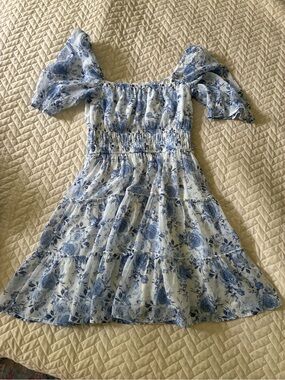 Blue Floral Puff Sleeve Dress